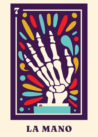 Colorful tarot card illustration of a skeleton hand with 'La Mano' text.
