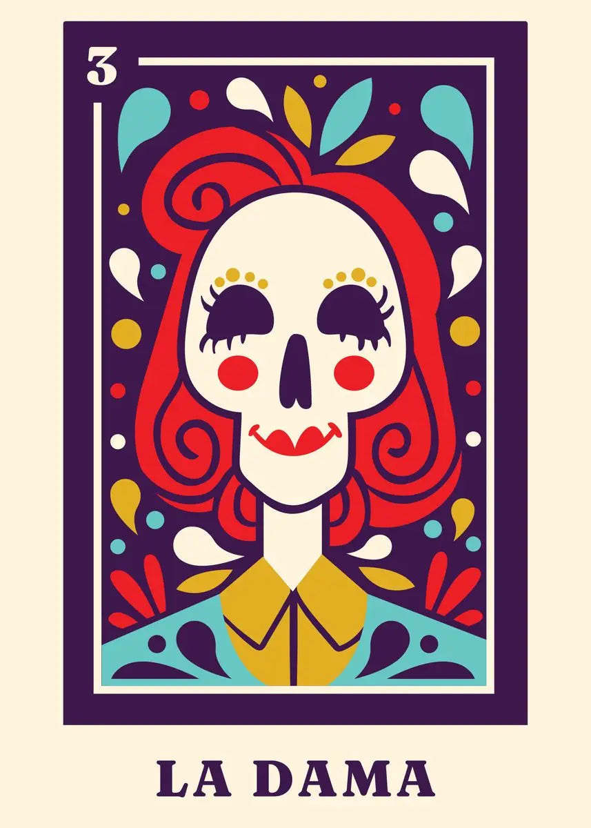 Colorful illustration of a tarot card featuring a stylized skull with red hair and floral patterns on a purple border.