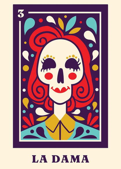 Colorful illustration of a tarot card featuring a stylized skull with red hair and floral patterns on a purple border.