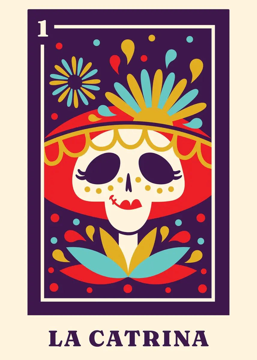 Colorful illustration of 'La Catrina' with a vibrant hat on a beige background