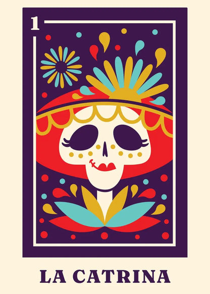 Colorful illustration of 'La Catrina' with a vibrant hat on a beige background