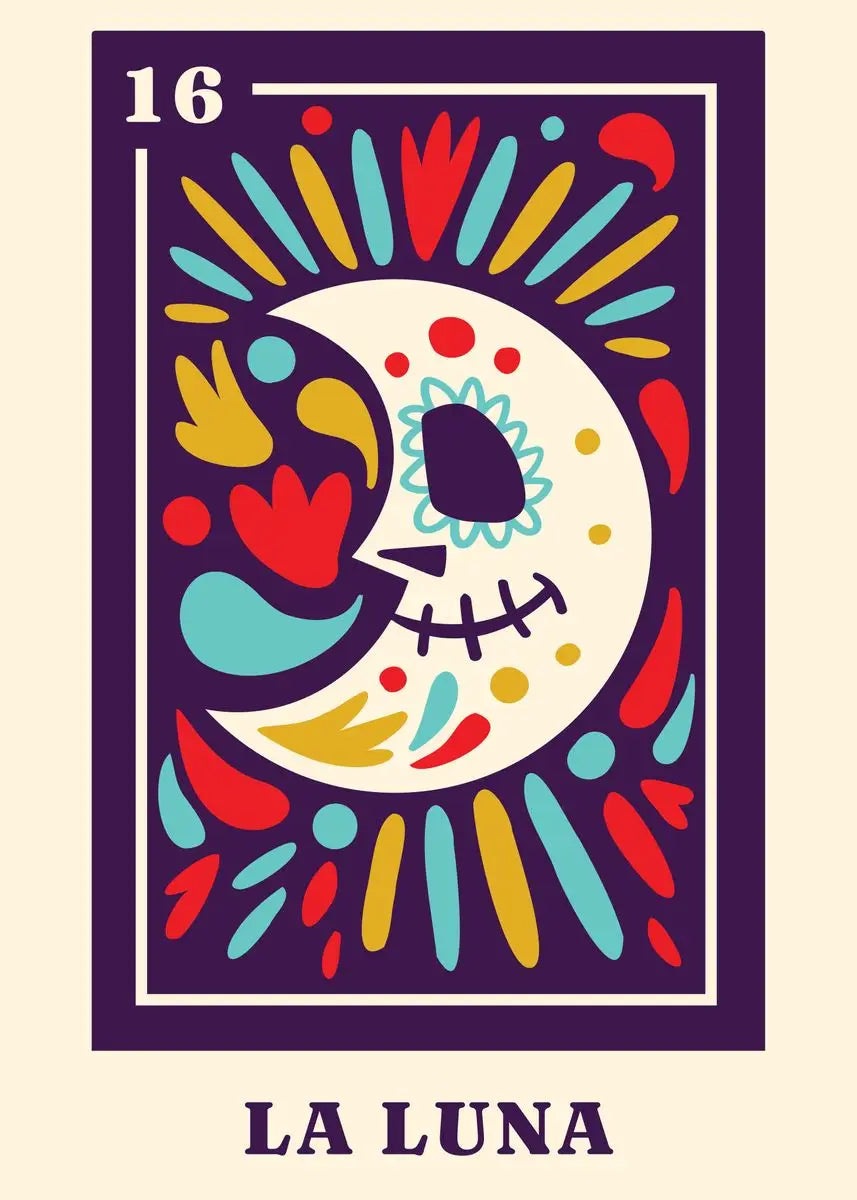 Colorful design of a stylized moon with abstract patterns on a beige background, featuring the text 'LA LUNA' and number '16'.
