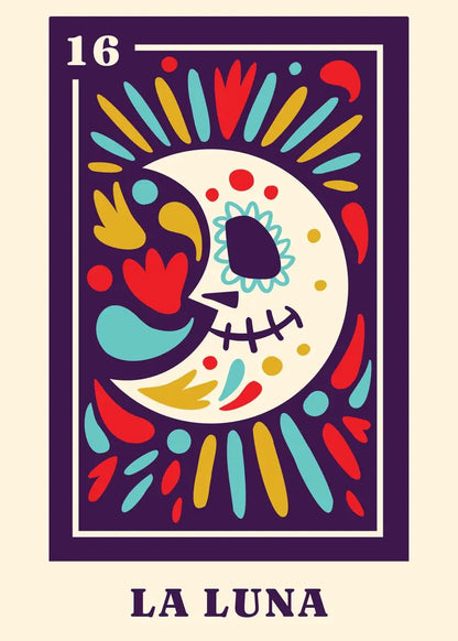 Colorful design of a stylized moon with abstract patterns on a beige background, featuring the text 'LA LUNA' and number '16'.