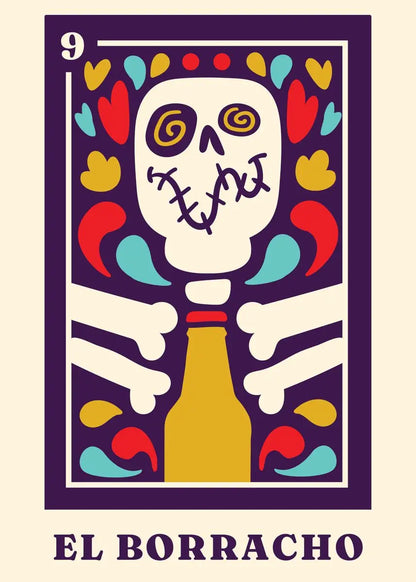 Cartoon skeleton with colorful hearts and a bottle labeled 'El Borracho' on a purple border.