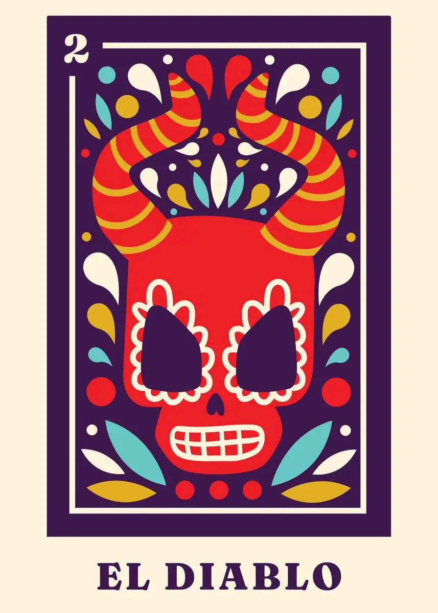 Card featuring a colorful skull design with 'El Diablo' text on a purple border.