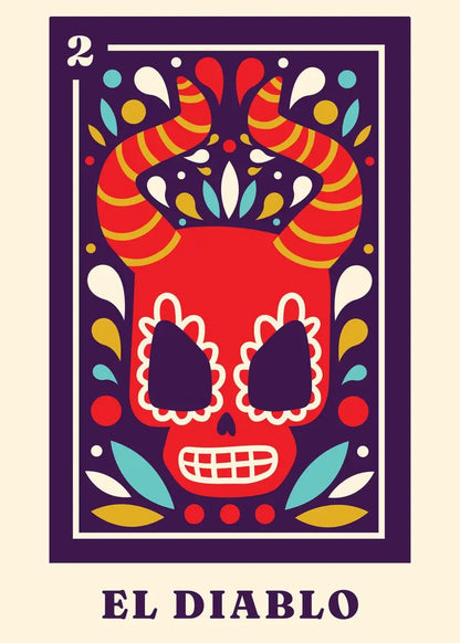 Card featuring a colorful skull design with 'El Diablo' text on a purple border.