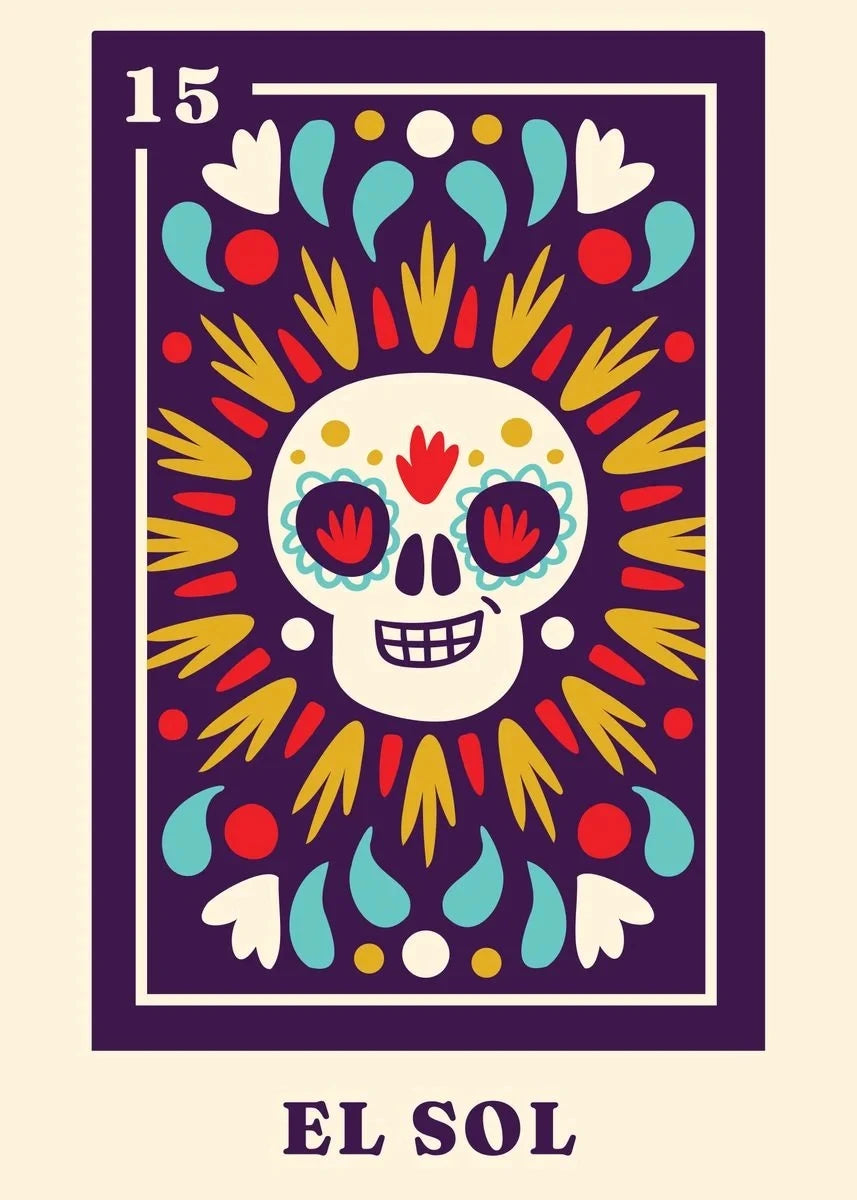 Colorful skull design with 'El Sol' text on a purple border