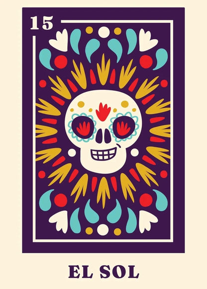 Colorful skull design with 'El Sol' text on a purple border