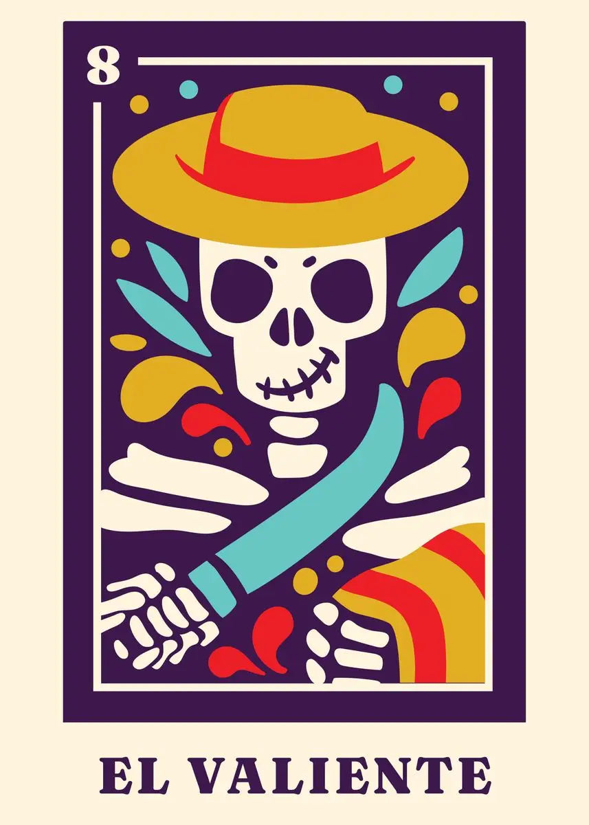 Card featuring a skeleton with a colorful hat and scarf, labeled 'El Valiente'.