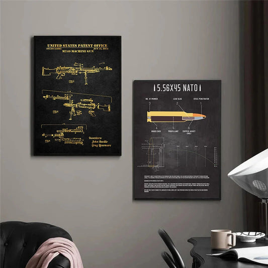 Two framed posters on a wall with technical drawings of firearms and ammunition. Canvas & Curio