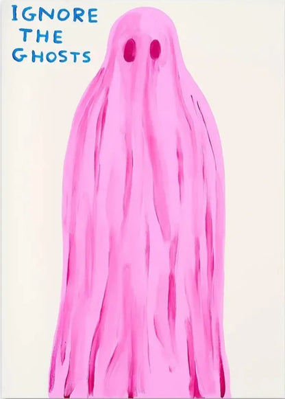 Pink ghost with text 'IGNORE THE GHOSTS' on a beige background