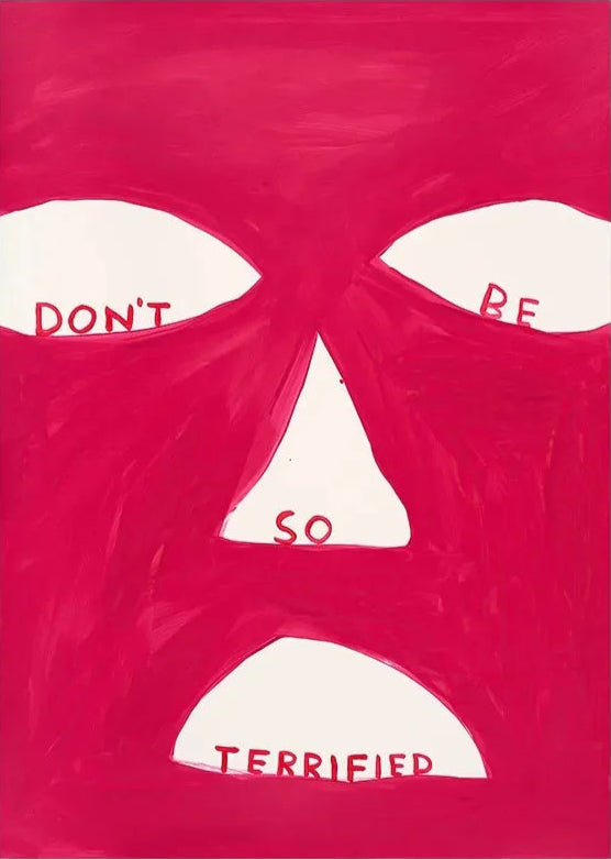 Artistic depiction of a face with red text on a pink background