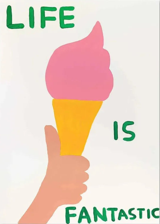Ice cream cone held by a hand with 'Life is Fantastic' text on a white background