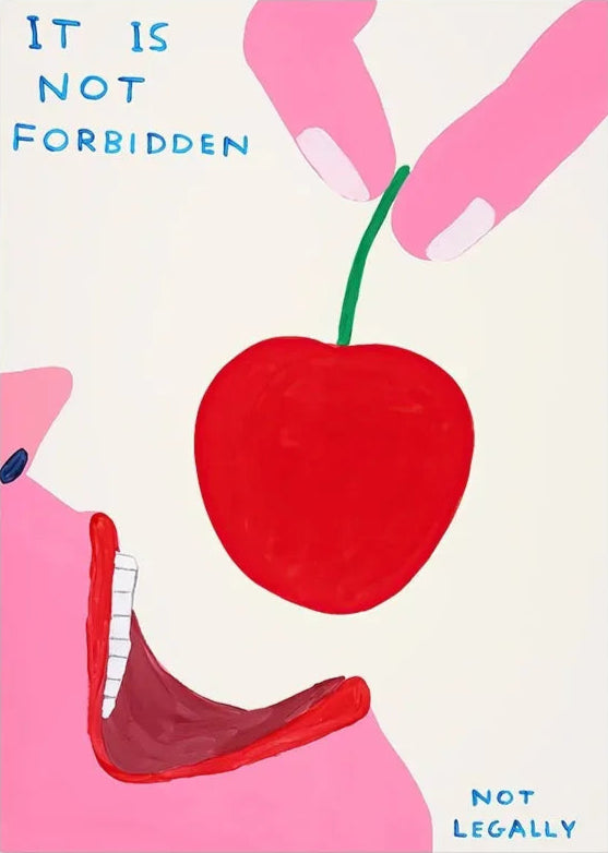 Card with a red apple and open mouth graphic, text 'IT IS NOT FORBIDDEN' and 'NOT LEGALLY', on a white background.