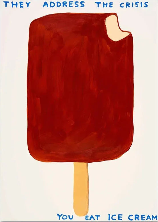 Red ice cream bar with a yellow stick on a white background, text above and below.
