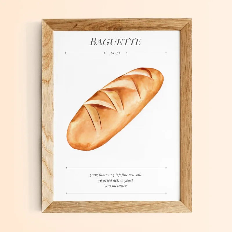 Framed artwork of a baguette on a beige background