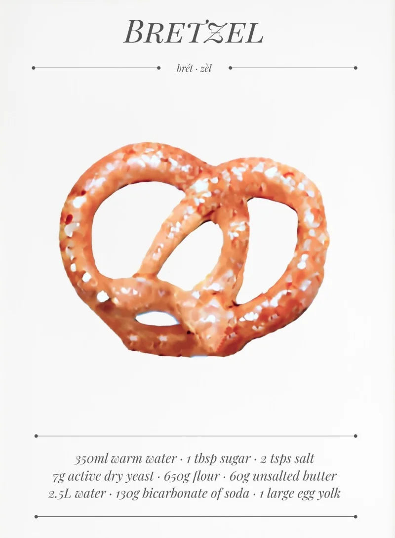 Illustration of a pretzel with measurement and ingredient text on a white background