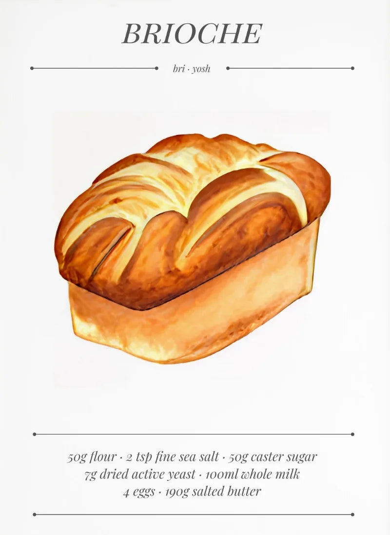Illustration of a brioche loaf on a white background with text.