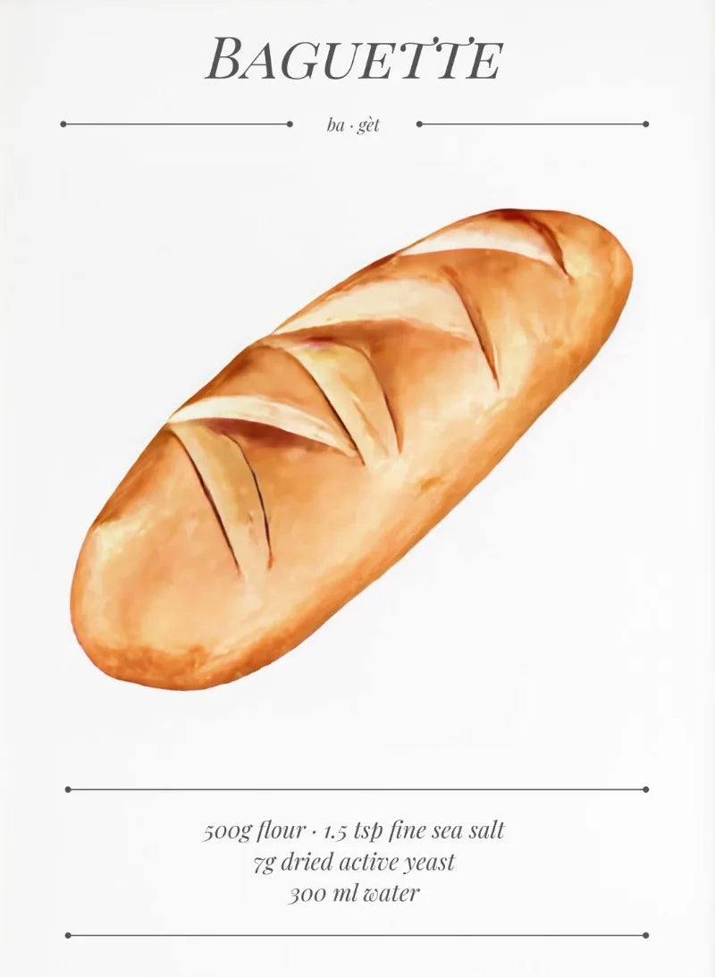 Illustration of a baguette with recipe details on a white background