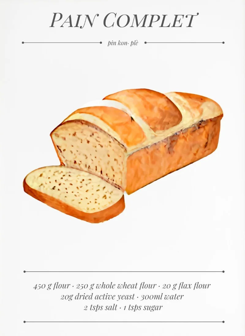 Loaf of bread with a slice cut off on a white background, featuring the text 'Pain Complet'.