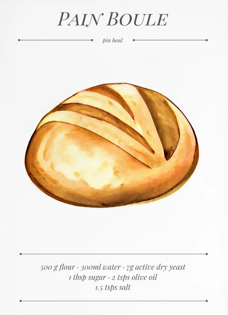 Illustration of a Pain Boule with recipe details on a white background