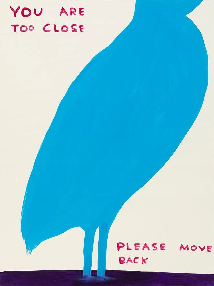 Blue bird silhouette with text 'You are too close. Please move back' on a beige background