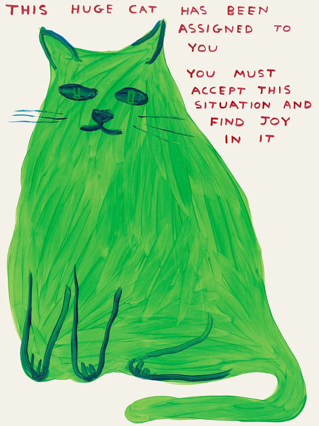 Green cat illustration with text on a white background