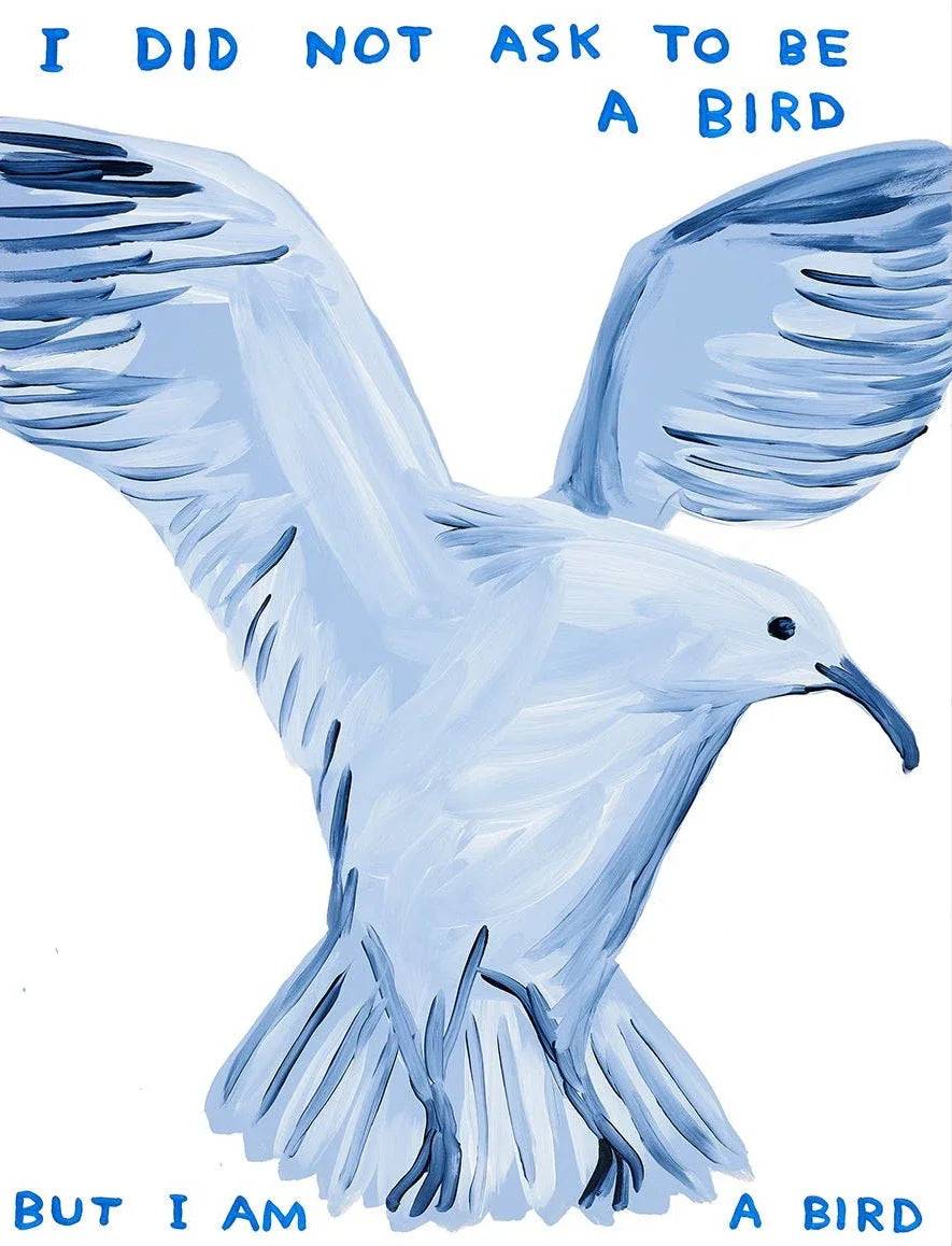 Blue bird illustration with text 'I did not ask to be a bird, but I am a bird' on a white background