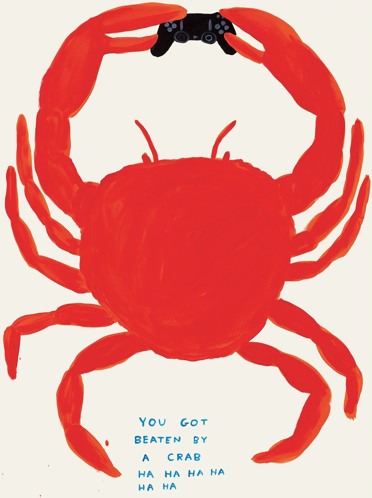 Red crab with a black camera on its back, on a white background with humorous text.