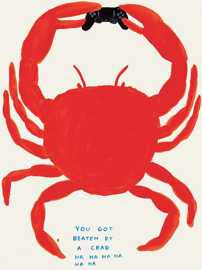 Red crab with a black camera on its back, on a white background with humorous text.