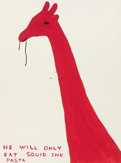 Red creature with a long neck on a white background, text 'HE WILL ONLY EAT SQUID INK PASTA' below.