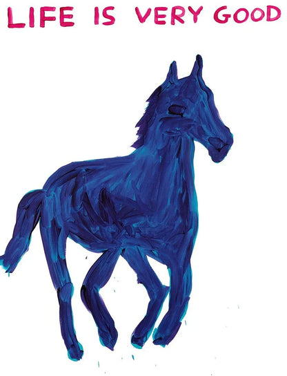 Blue horse illustration with 'LIFE IS VERY GOOD' text on a white background
