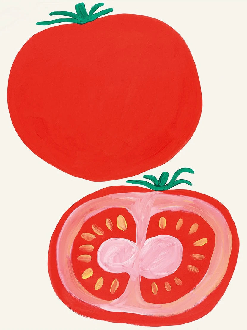 Illustration of a whole tomato and a cross-section of a tomato on a white background
