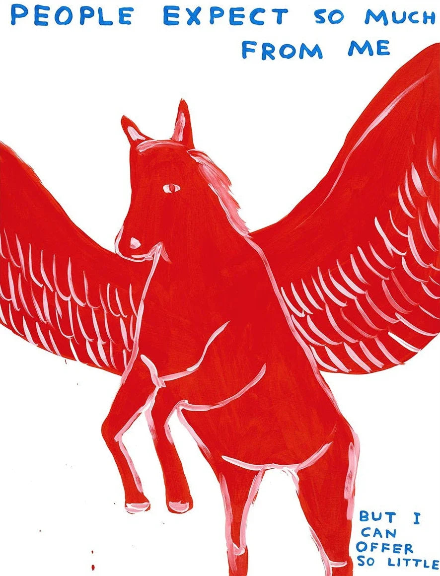 Red winged horse illustration with text on a white background