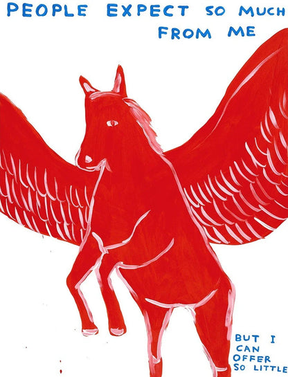 Red winged horse illustration with text on a white background