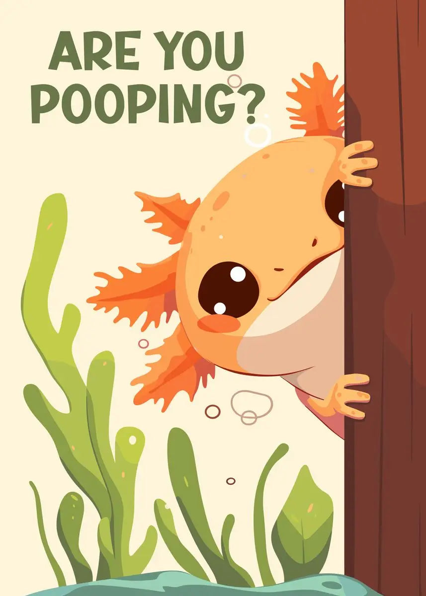 Cartoon axolotl peeking from behind a wall with text 'Are you pooping?' in an underwater setting.