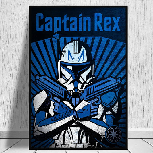 Poster of Captain Rex with blue and black design on a white wall. Canvas & Curio