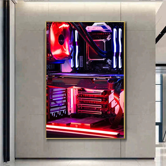 Framed artwork of a computer motherboard with colorful lighting on a wall. Canvas & Curio