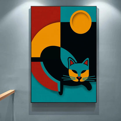 Abstract painting of a cat with geometric shapes on a gray wall