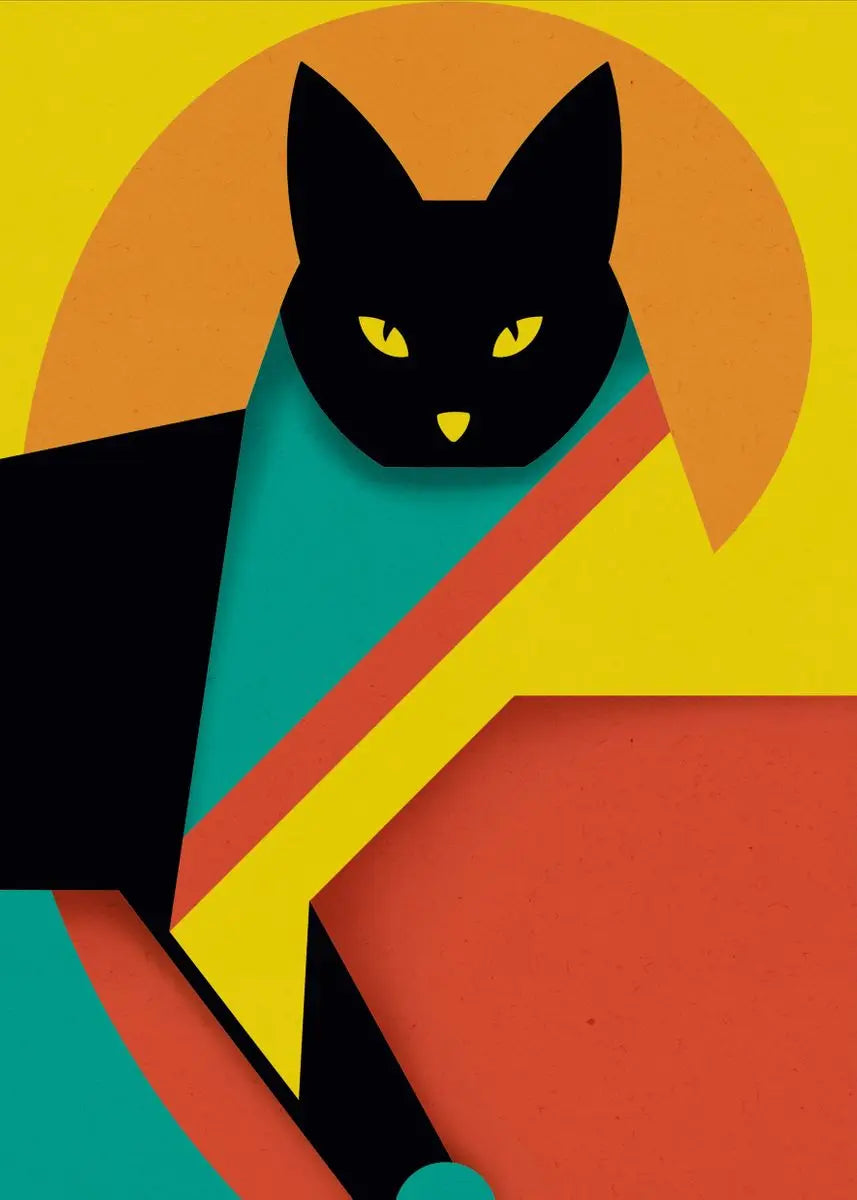Black cat with yellow eyes on a colorful abstract background