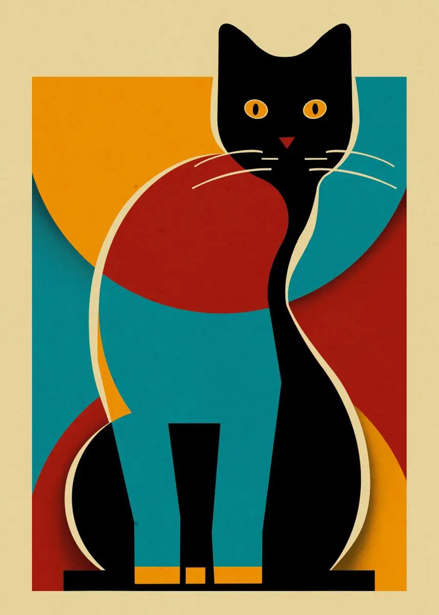 Abstract illustration of a black cat with colorful geometric shapes on a beige background