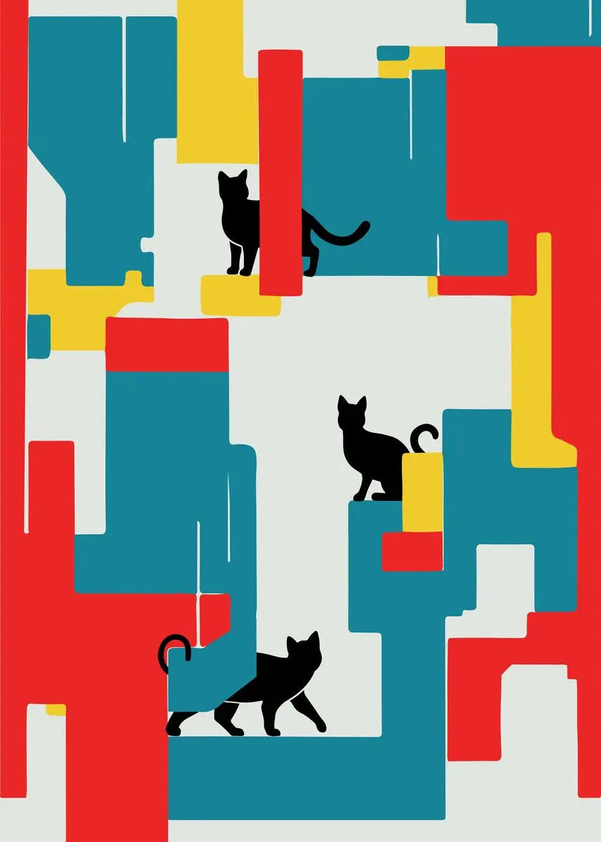 Colorful geometric pattern with black cat illustrations on a white background