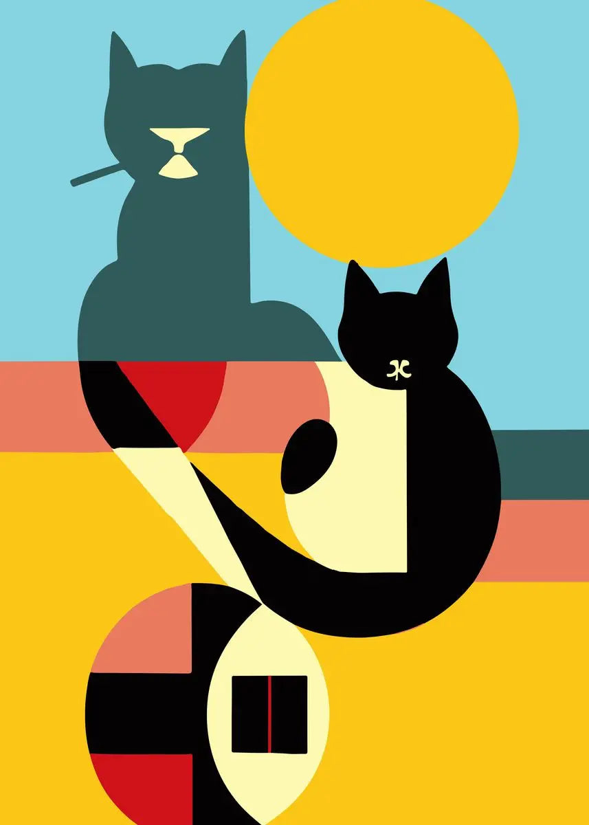 Abstract illustration of a black cat with geometric shapes and a yellow circle on a blue background.