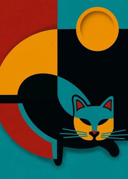 Geometric abstract design with a cat illustration on a colorful background