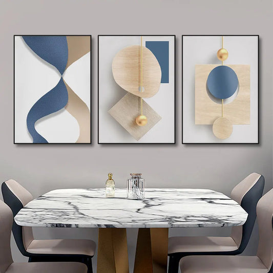 Dining room with marble table and abstract wall art Canvas & Curio