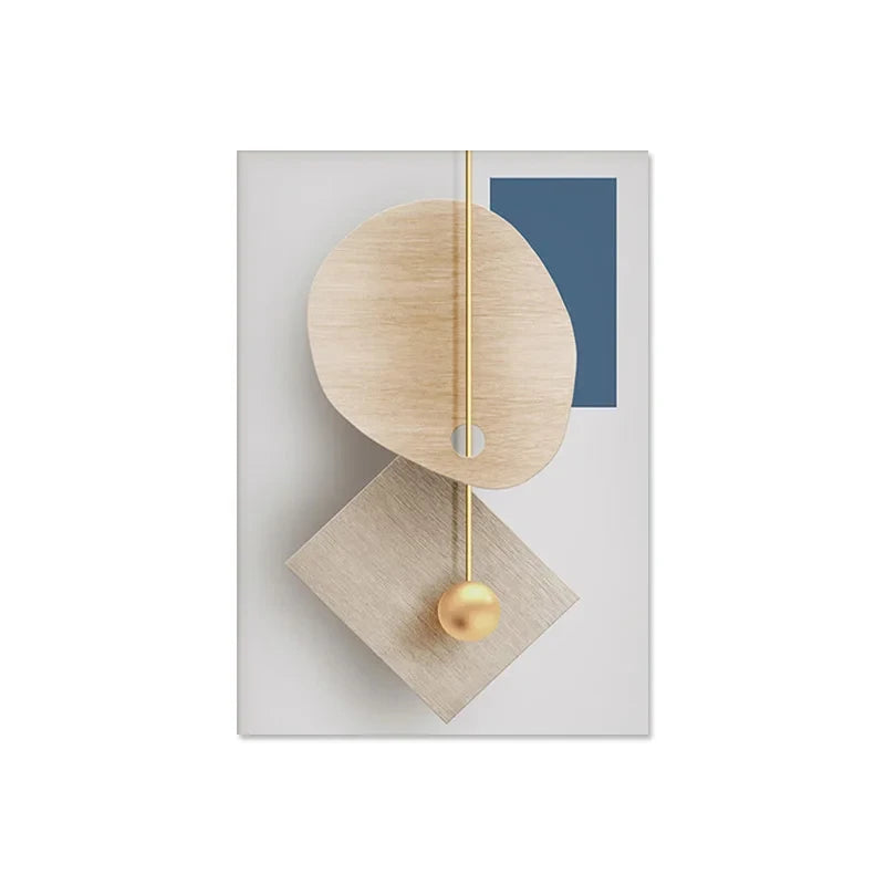 Decorative wall piece with geometric shapes and a gold accent on a white background