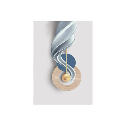 Abstract art piece with wavy lines and geometric shapes on a light gray background