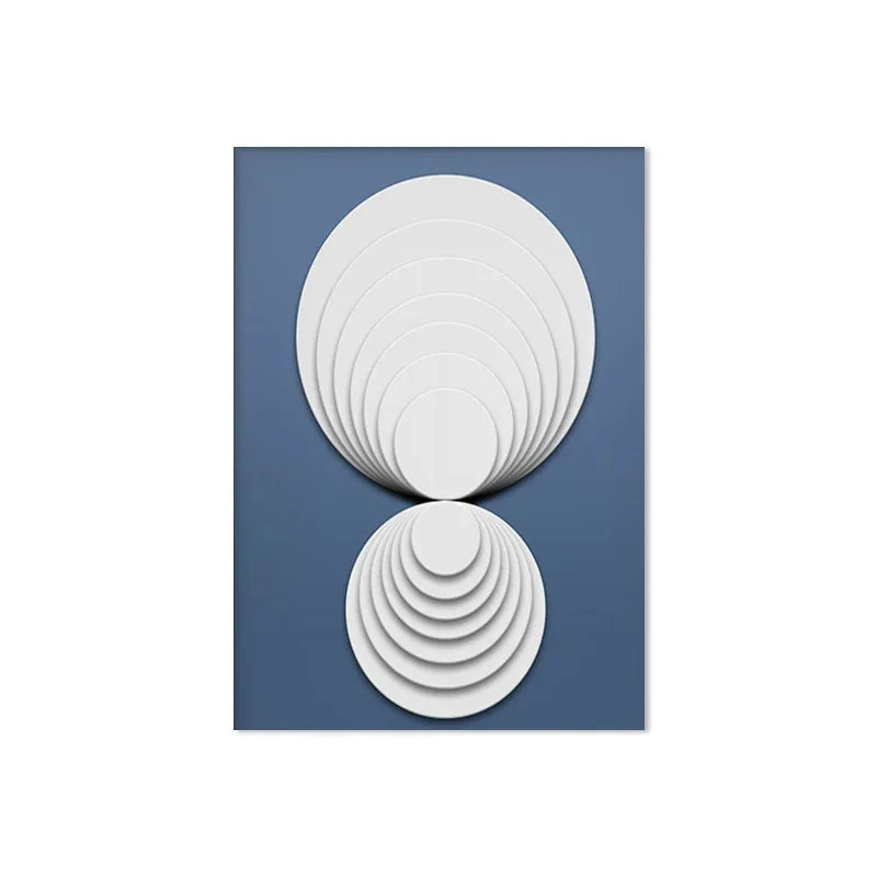 White circular art pieces on a blue background