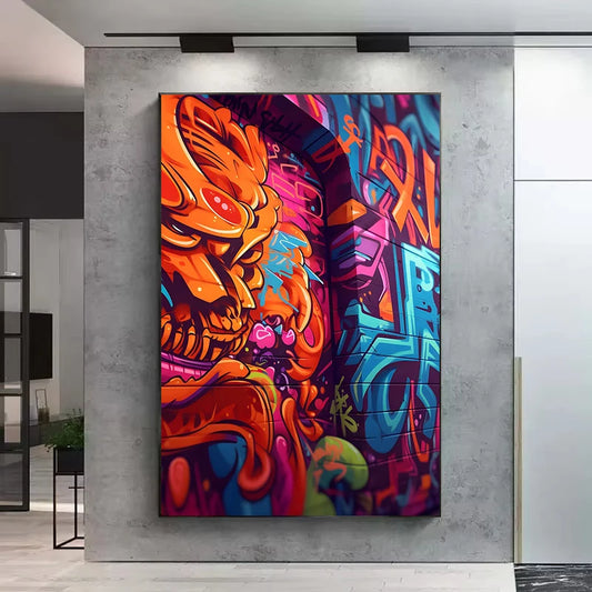 Colorful abstract art piece on a wall in a modern interior setting Canvas & Curio