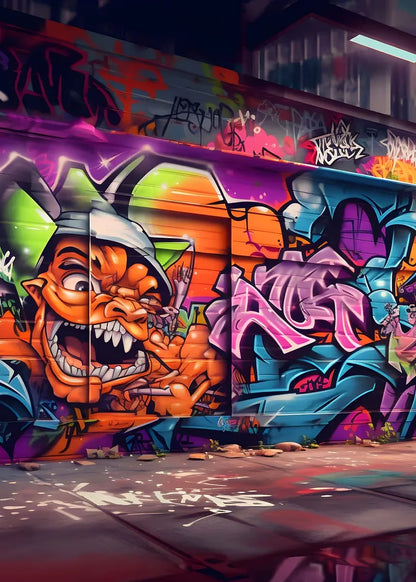 Colorful graffiti art on a wall with a cartoon character and abstract designs.